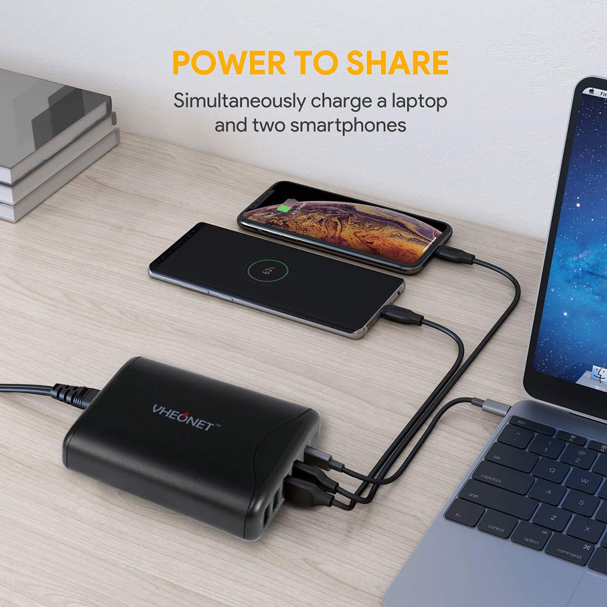 60W 5 Port USB C Charger Fast Charging PD Wall Charger Desktop Charging Station for iPhone Xs/Xs Max/XR/8/7/6, MacBook, Nexus, Galaxy and More (Black)