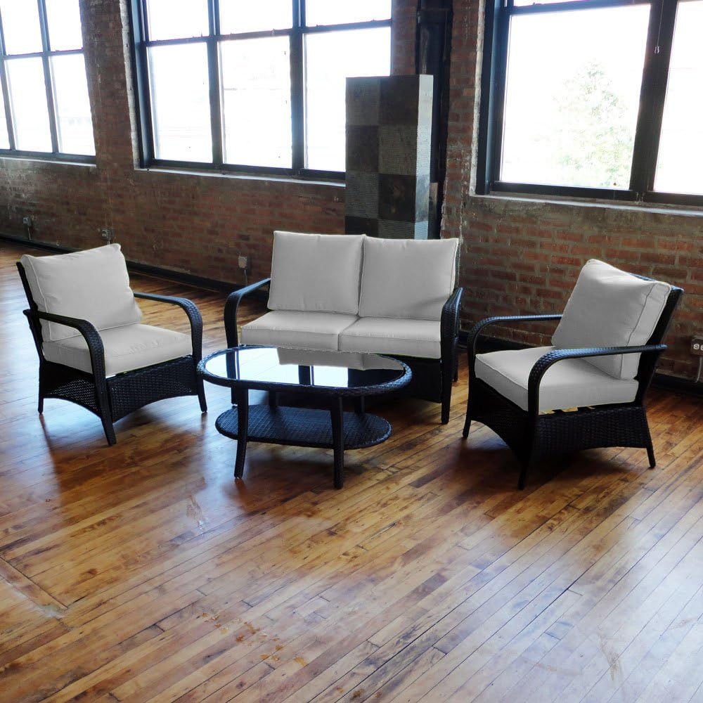 Spanish Wells Outdoor Wicker Patio Furniture 4 pc Sofa Set in Black Wicker with Ivory Cushions