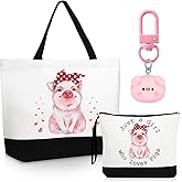 Dansydaisy 3 Pcs Valentine's Day Pigs Lover Gift for Women Canvas Tote Bag Travel Cosmetic Bags Keychain Portable Makeup Zipper Pouch with Handle Funny Birthday Gift for Coworker Boss Staff