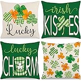 St Patrick’s Day Pillow Covers Decoration 18x18 Inch Lucky Charm Shamrock Throw Pillowcase Green Holiday Cushion Case Covers for Home Farmhouse Couch Sofa Bed Decor (Set of 4)