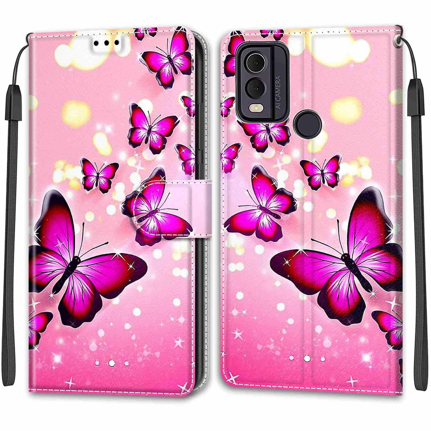 for Nokia C22 Case, PU Leather Wallet Book Flip Folio Stand View Cover Pouch Compatible with Nokia C32 Phone Case - Butterfly