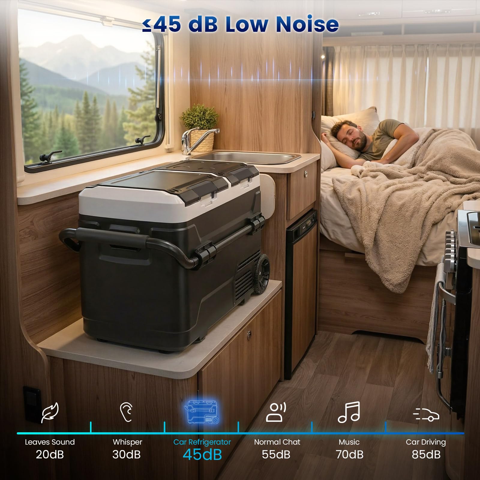 KROAK 50L Kompressor-Kühlbox mit Bluetooth-App, 2 unabhängige Temperaturzonen (-20°C bis +20°C), 12V/24V/230V – inkl. Rollen & Trennwand, leiser Betrieb (45 dB) – ideal für Auto, Caravan, Camping 6