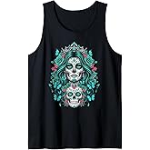 De Los Muertos La Catrina Day of The Dead Floral Sugar Skull Tank Top