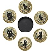 6 Pcs Black Cat Flower Drink Coasters with Holder Coasters for Drinks Coffee Table Home Decor Housewarming Gift