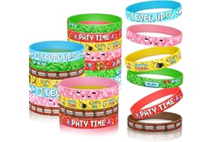 Satankya 24 PCS Pixel Theme Mining Bracelets Pixel Themed Silicone Wristbands Rubber Bracelets Silicone Stretch Wristbands for Video Game Birthday Party Favors Supplies