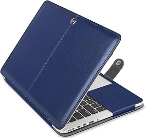 MOSISO MacBook Pro 13 inch Case, Premium PU Leather Book Folio Protective Stand Cover Sleeve Compatible with MacBook Pro 13 inch Retina (A1502/A1425, Version 2015/2014/2013/end 2012), Navy Blue