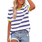 BTFBM Summer Tops for Women 2026 Crewneck Short Sleeve Striped T Shirts Casual Spring Clothes Color Block Basic Tee Blouses