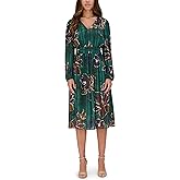 Kensie Womens Long Sleeve V-Neck Printed Striped Satin Midi Dress