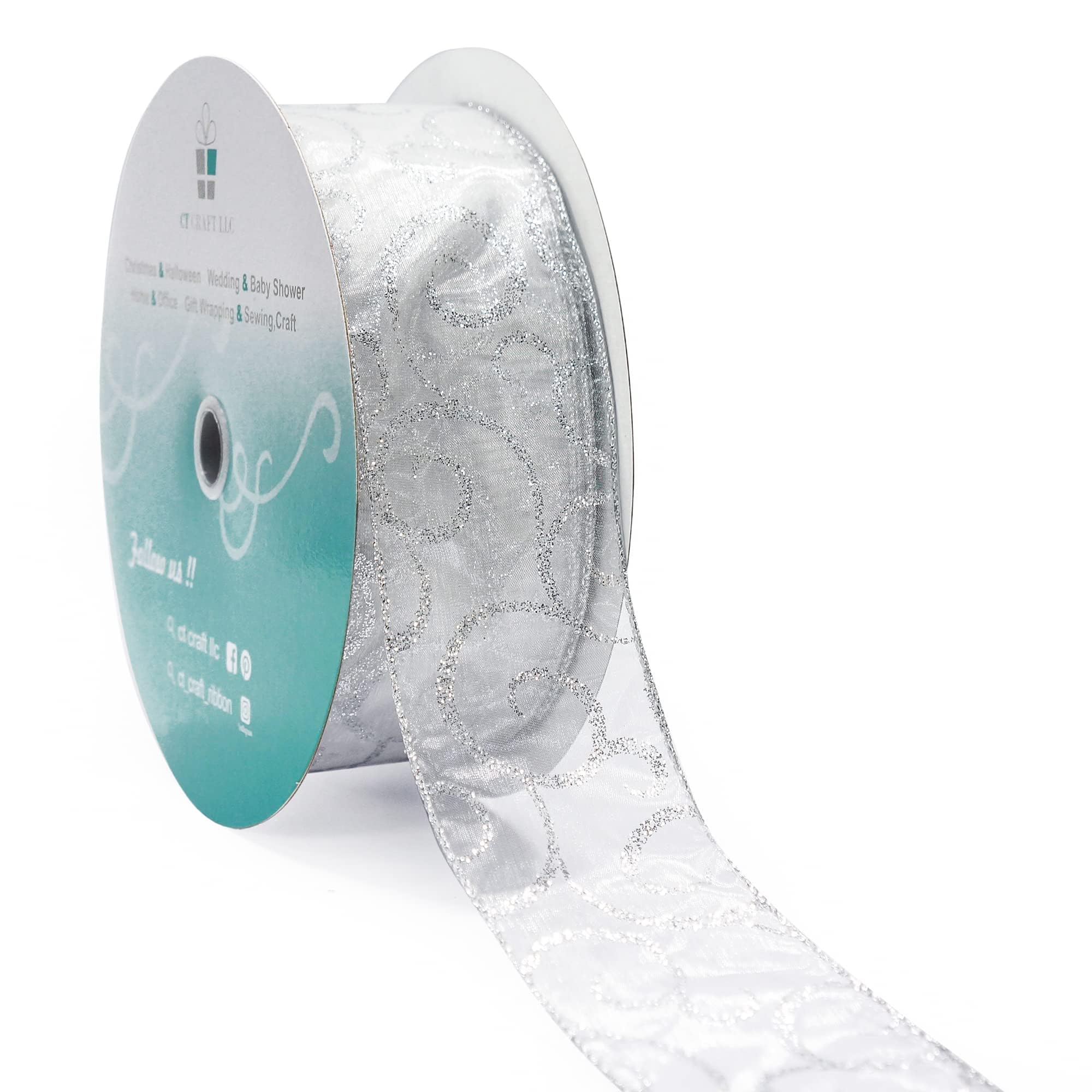 CT CRAFT LLC Organza with Silver Glitter Swirl Wired Ribbon - 2.5" x 50 Yards, for Christmas Home Decor, Gift Wrapping, Bow Making, Wreath, DIY Crafts
