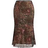WDIRARA Women's Plus Size Floral Mesh Bodycon Skirt Vintage High Waisted Fishtail Long Skirts