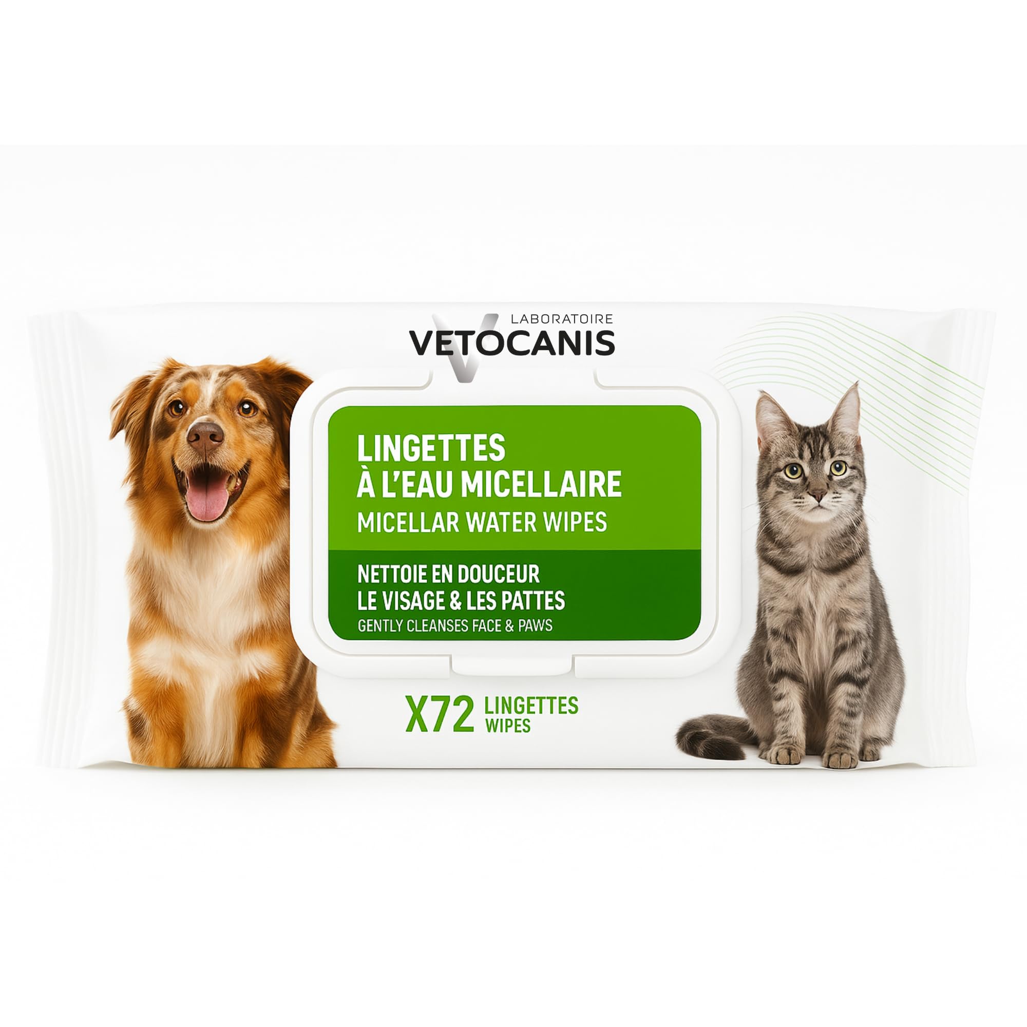 Vétocanis Biodegradable Cleansing Wipes for Eyes, Ears, Legs, Large Format 72 Wipes, Dog and Cat