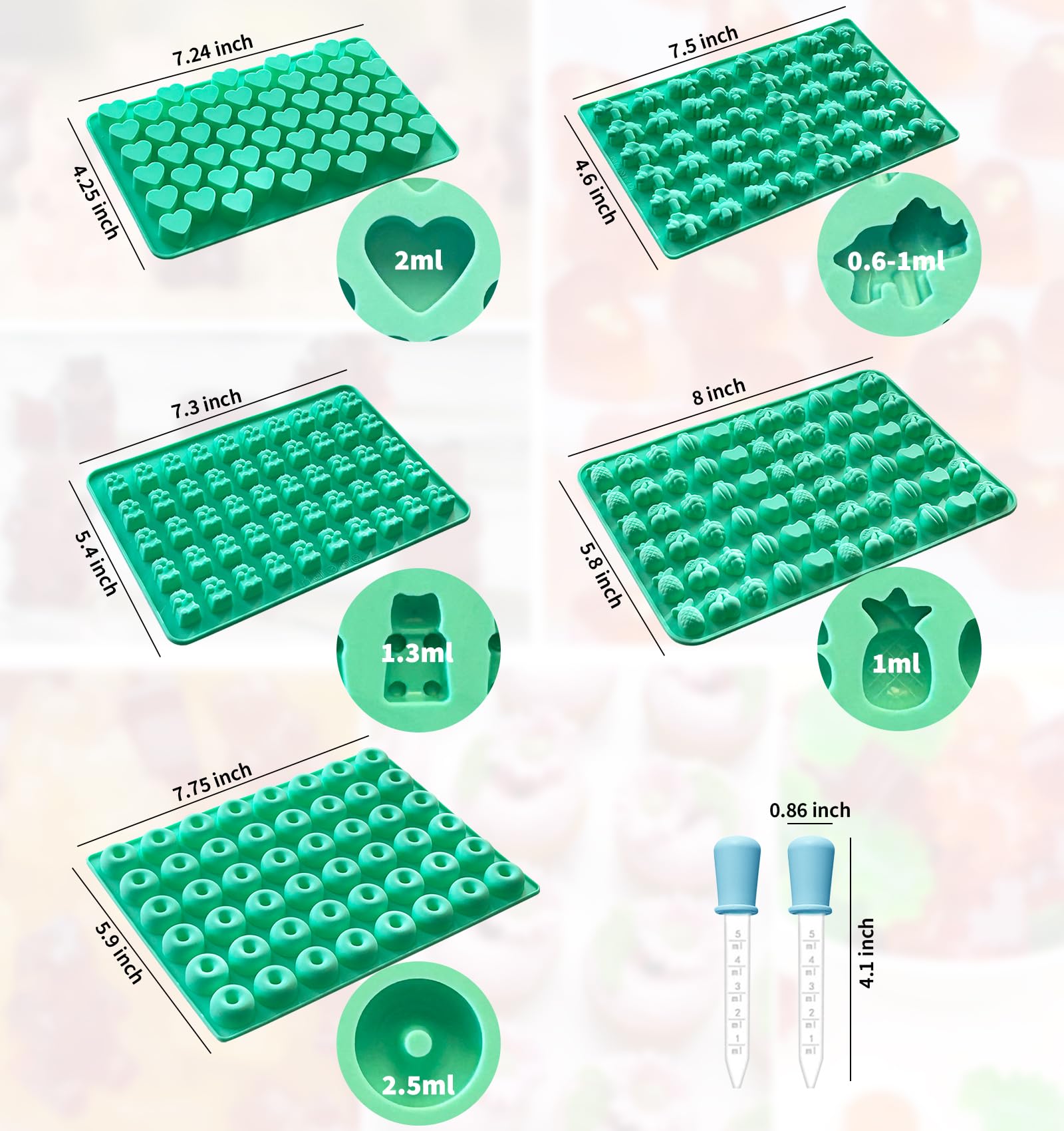 Silicone Gummy Molds Set of 5, Candy Molds Silicone with 2 Droppers for Convenient Filling, Gummy Molds Set Includes Dinosaur, Bear, Donut, Heart and Fruit
