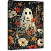 Daktenn Halloween Canvas Wall Art, Cute Floral Ghost In Haunted Forest Poster, Funny Dark Romantic Ghost Print Decorations, Dark Academia Halloween Wall Decor 12x16in White