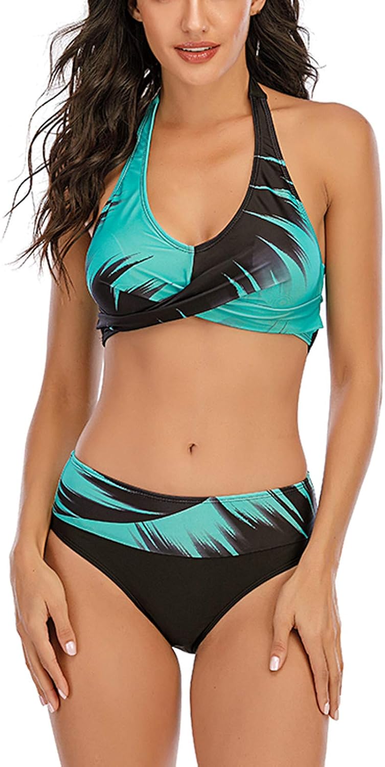 Women High Waisted Swimsuits Sexy Soild Print Halter Push