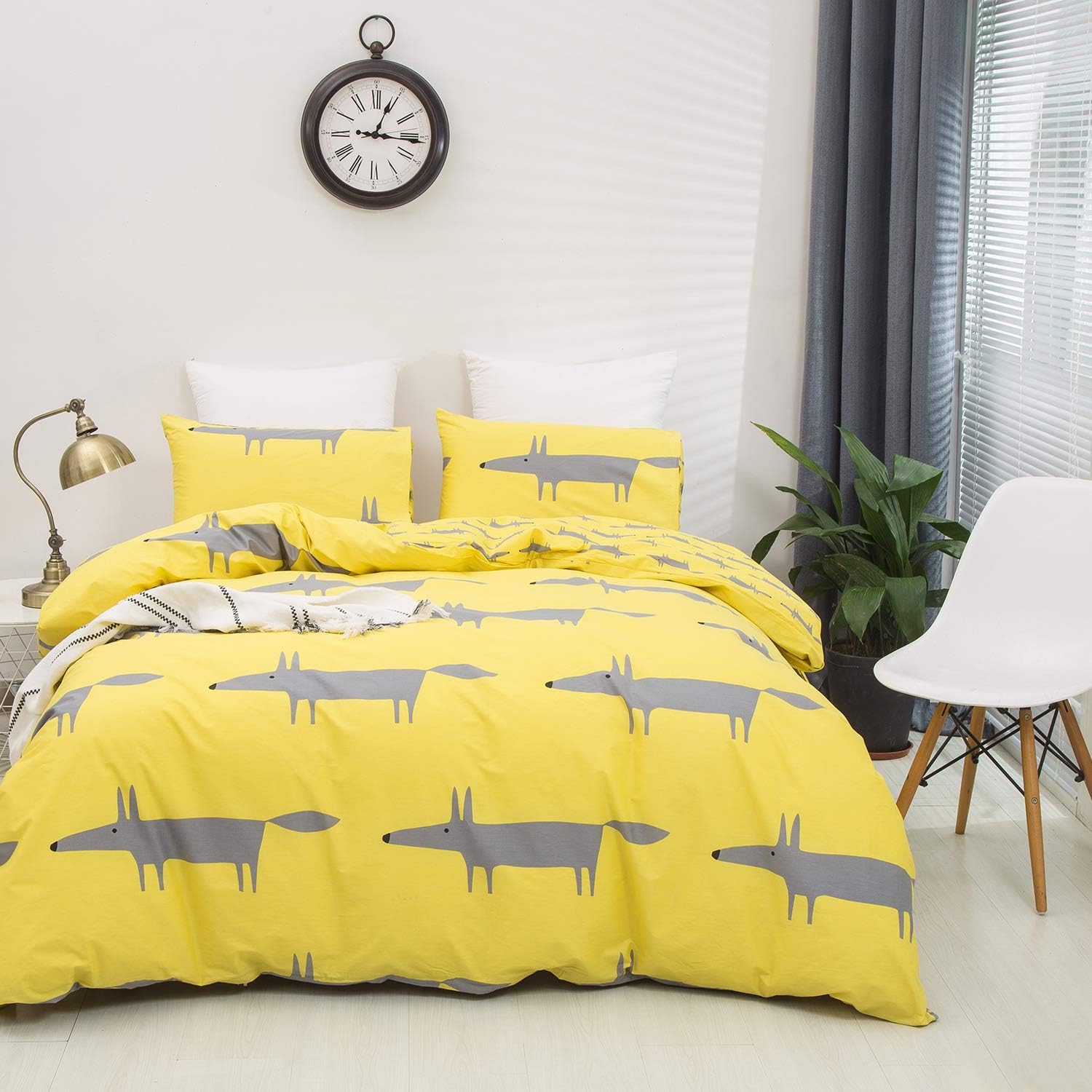 Wellboo Fox Duvet Covers Yellow Bedding Cover Sets Girls Cartoon Animals Quilt Covers Queen Full Cotton Soft Duvet Covers Children Kids Boys Bedding Sets Daughter Birthday Present Health No Insert