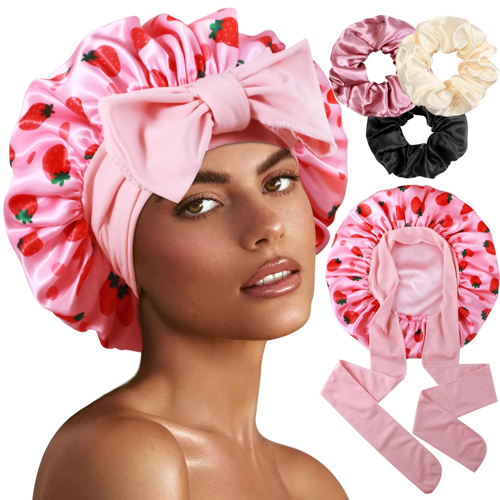 Photo 1 of 1+3 Large Satin Bonnets with Scrunchies for Women, Double Layer Hair Bonnet Tie Bonnet for Sleeping Braids Curly Hair, J