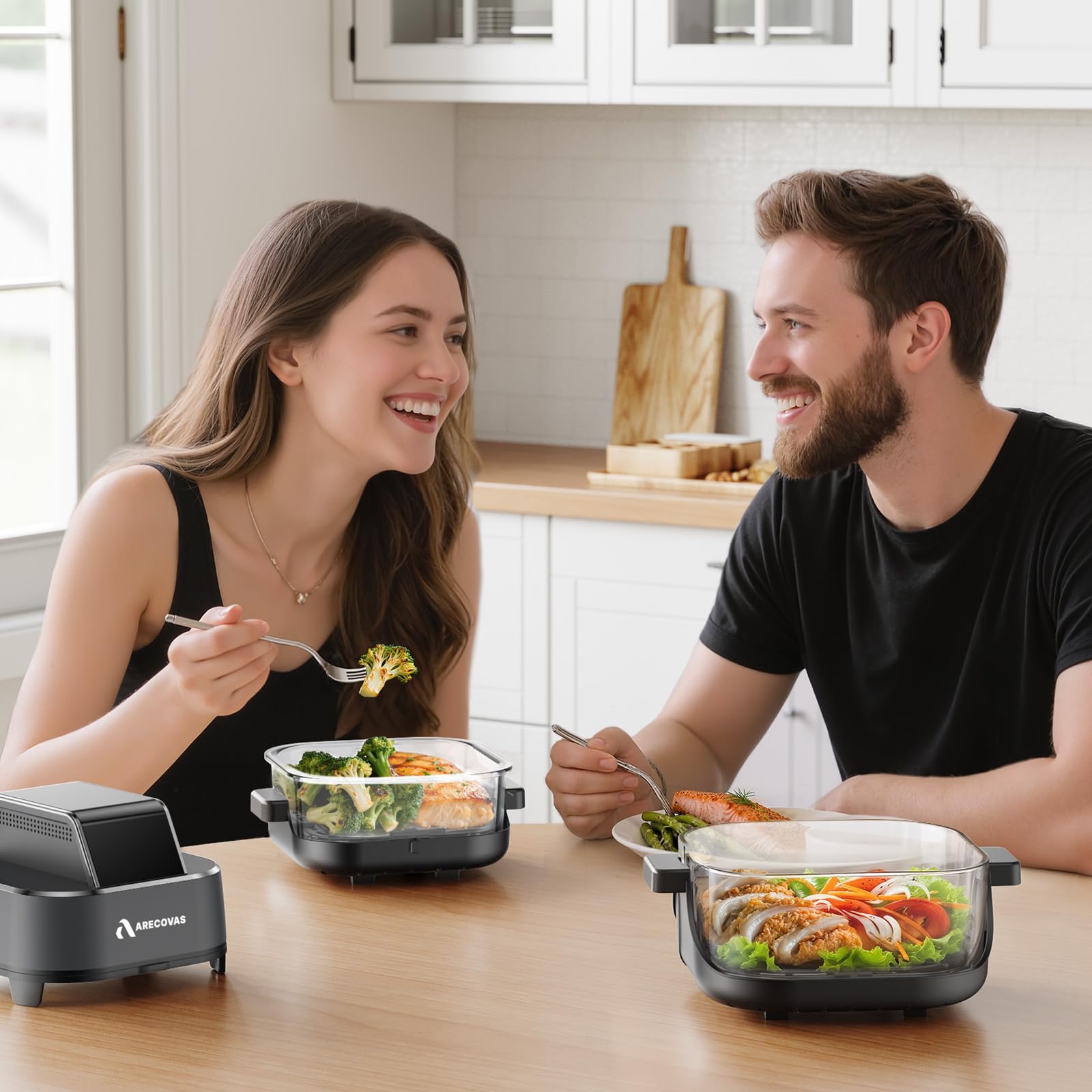 Arecovas Freidora de aire de vidrio portátil 4 en 1, calor preciso de 140 a 400 °F, tecnología Max Crisp, recipientes dobles de 4.2QT y 1.6QT con tapas, apto para congelador y lavavajillas, hornear, recrujiente, freír al aire