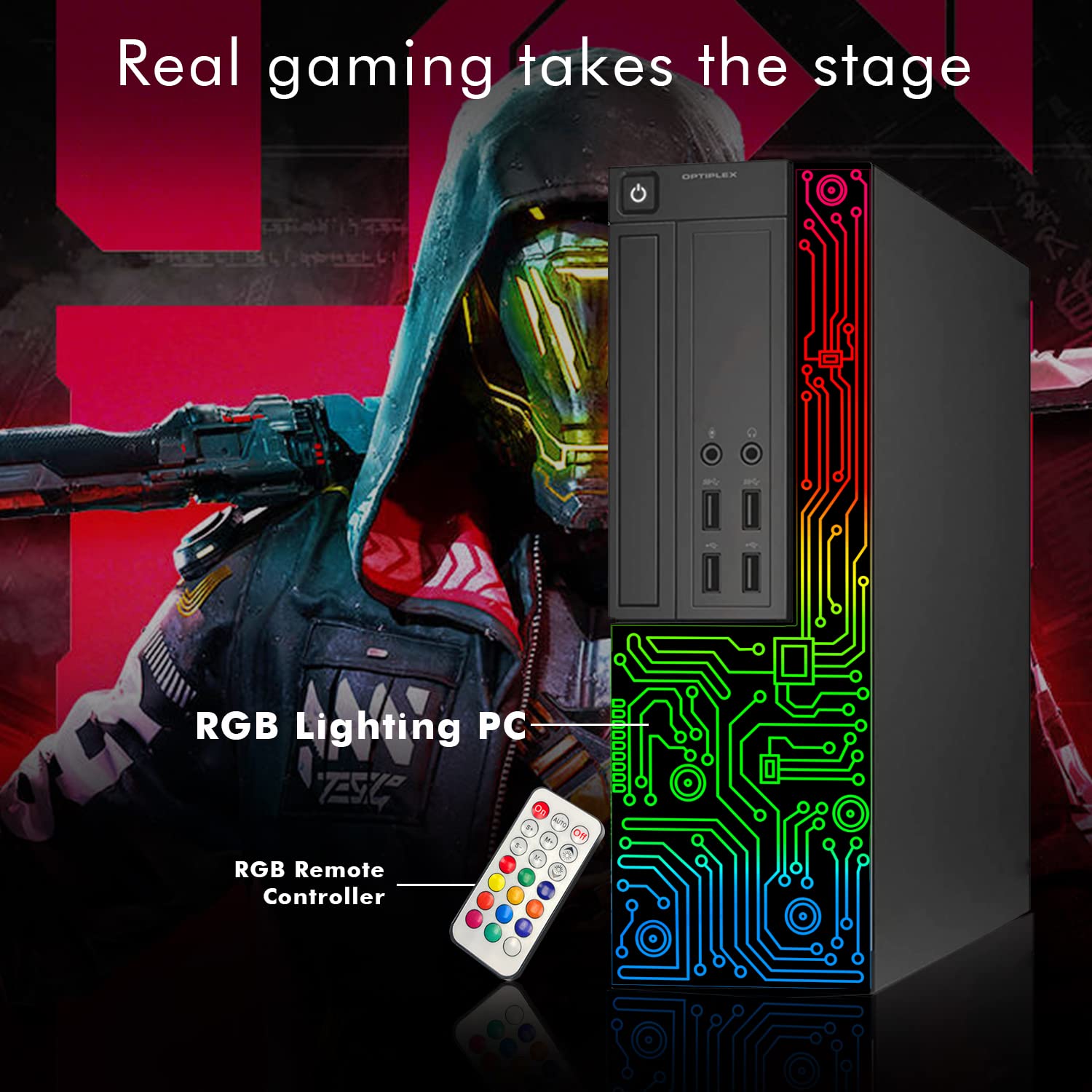 Dell Gaming OptiPlex Desktop RGB Computer PC, Intel Core i5, AMD RX 550 4GB GDDR5, 16GB RAM, 512GB SSD, 24 Inch HDMI Monitor, RGB Keyboard Mouse and Headset, WiFi, Windows 11 Pro (Renewed)