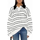 Saodimallsu Womens Striped Sweaters Button Collared Polo Shirts Oversized Long Sleeve Chunky Knit Trendy Pullover Tops