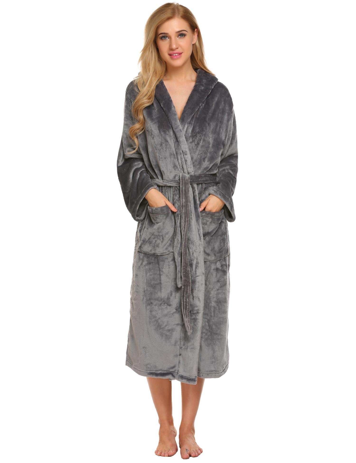 Ekouaer Womens Soft Fleece Bathrobe Kimono Spa Robe Dark Grey S