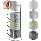 HASENSE Coffee Mugs with Metal Stand,15 oz Ceramic Stackable Mug Set Embossed Latte Cup, Ceramic Coffee Cups with Handle for Cappuccino and Tea, Multi Color