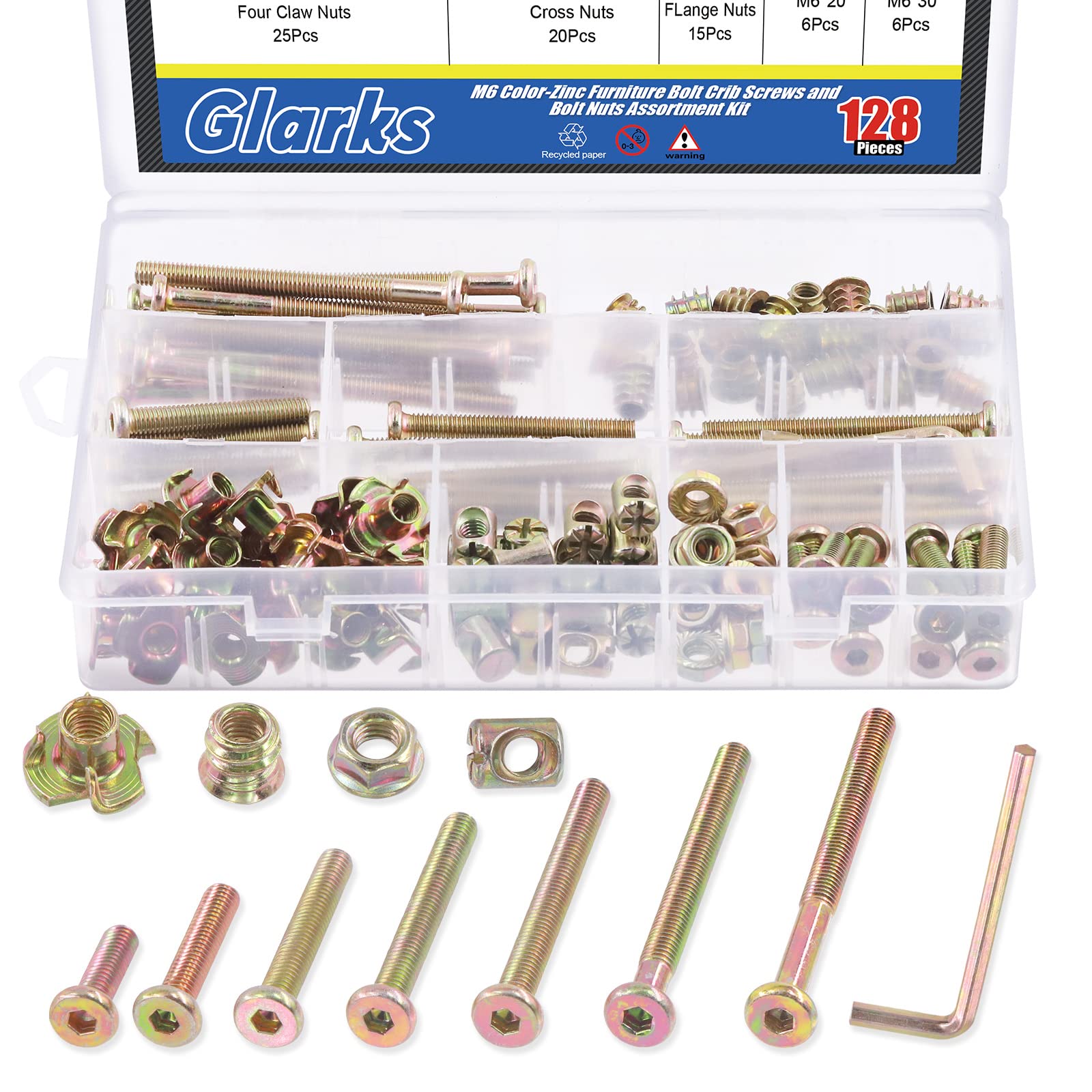 Glarks 128Pcs M6x20/30/40/50/60/70/80mm Baby Bed Crib Screws Bolts Kit Hex Socket Head Cap Screw with Barrel Nuts, Threaded Insert Nuts, T-Nut, Flange Nut and Allen Wrench for Wood Furniture