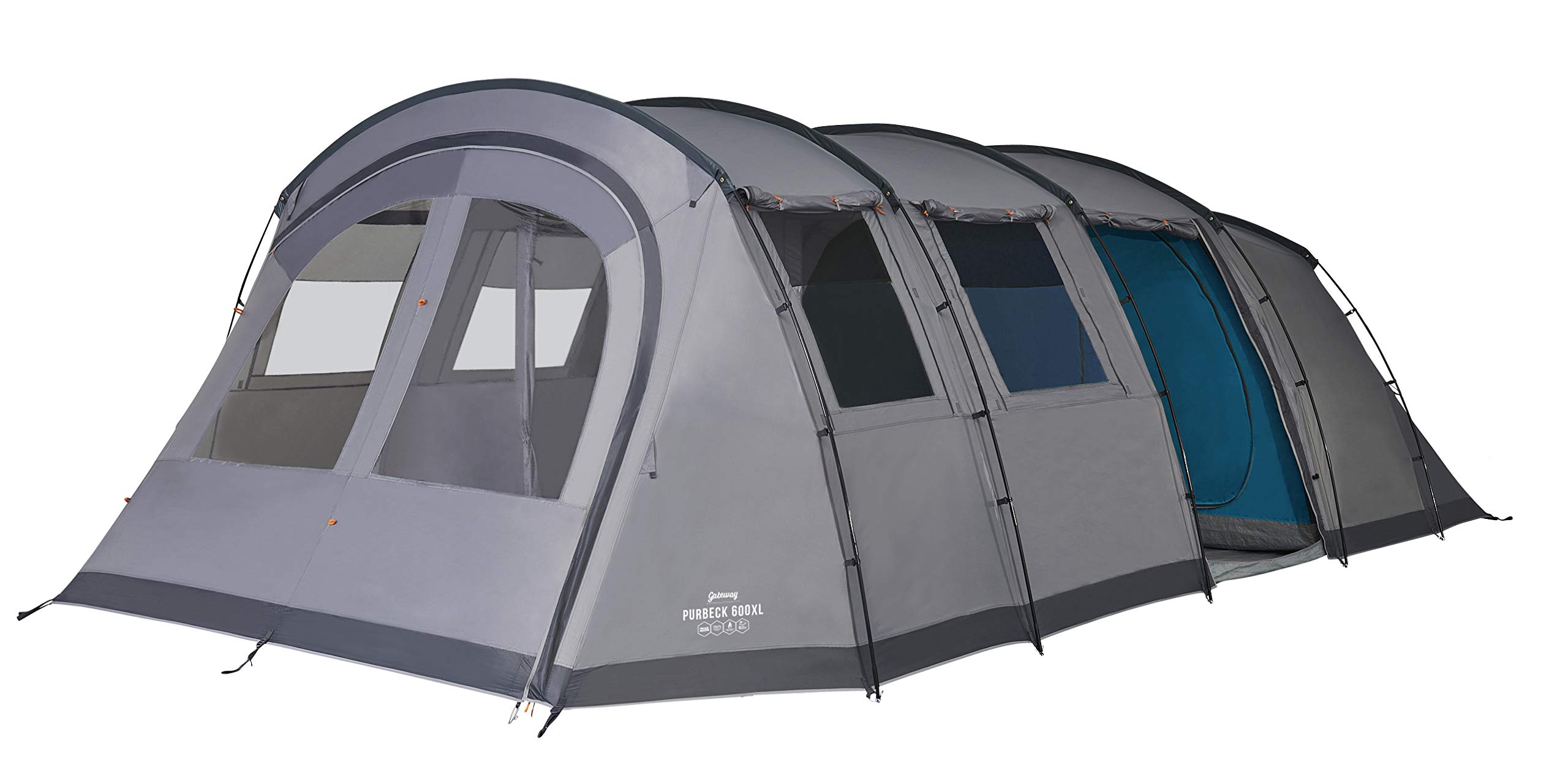 Vango Purbeck 600XL Family Tent [Amazon Exclusive], Large 6 Man Tent with 3 Rooms, Enclosed Porch Area, Double Living Area, Climate Windows - Vivid Grey