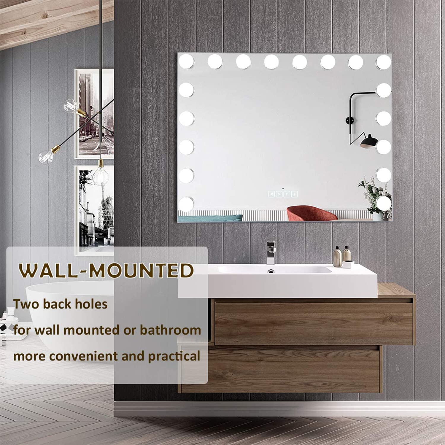 FENCHILIN Vanity Mirror with Lights 32''x23'' Tempered Glass Large Hollywood Mirror with 18 Dimmable Bulbs for Makeup Table/Hanging Bluetooth Speaker Mirror with Touch Screen & USB Charge Port