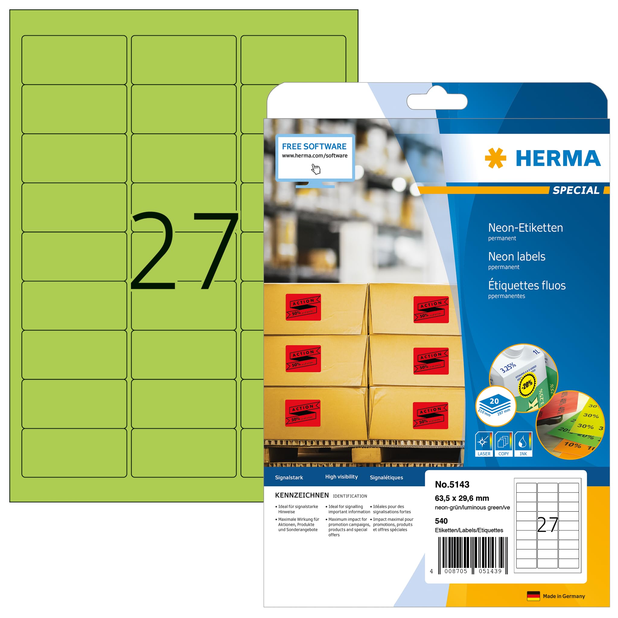 HERMA Self Adhesive Coloured Labels, 27 Labels per A4 Sheet, 20 Sheets, 63.5 x 29.6 mm, 540 Labels, Blank Colour Labels Stickers, Sticky Labels for Laser & Inkjet Printer, Neon Green