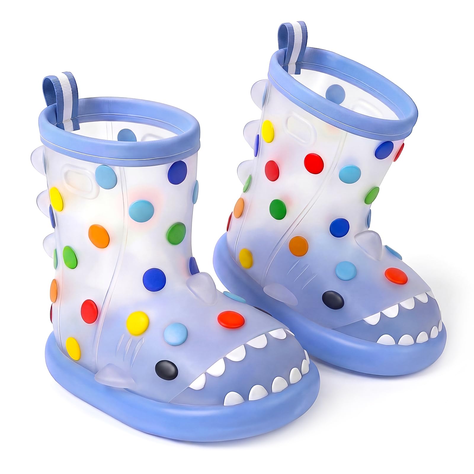 Photo 1 of Caaaat Toddler Rain Boots, Waterproof Non-Slip Thick Sole Kids Rubber Boots, Shark Pattern & Polka Dot Design with Easy-On Handles for Boys & Girls, Size 7 Toddler (5.5 in)
