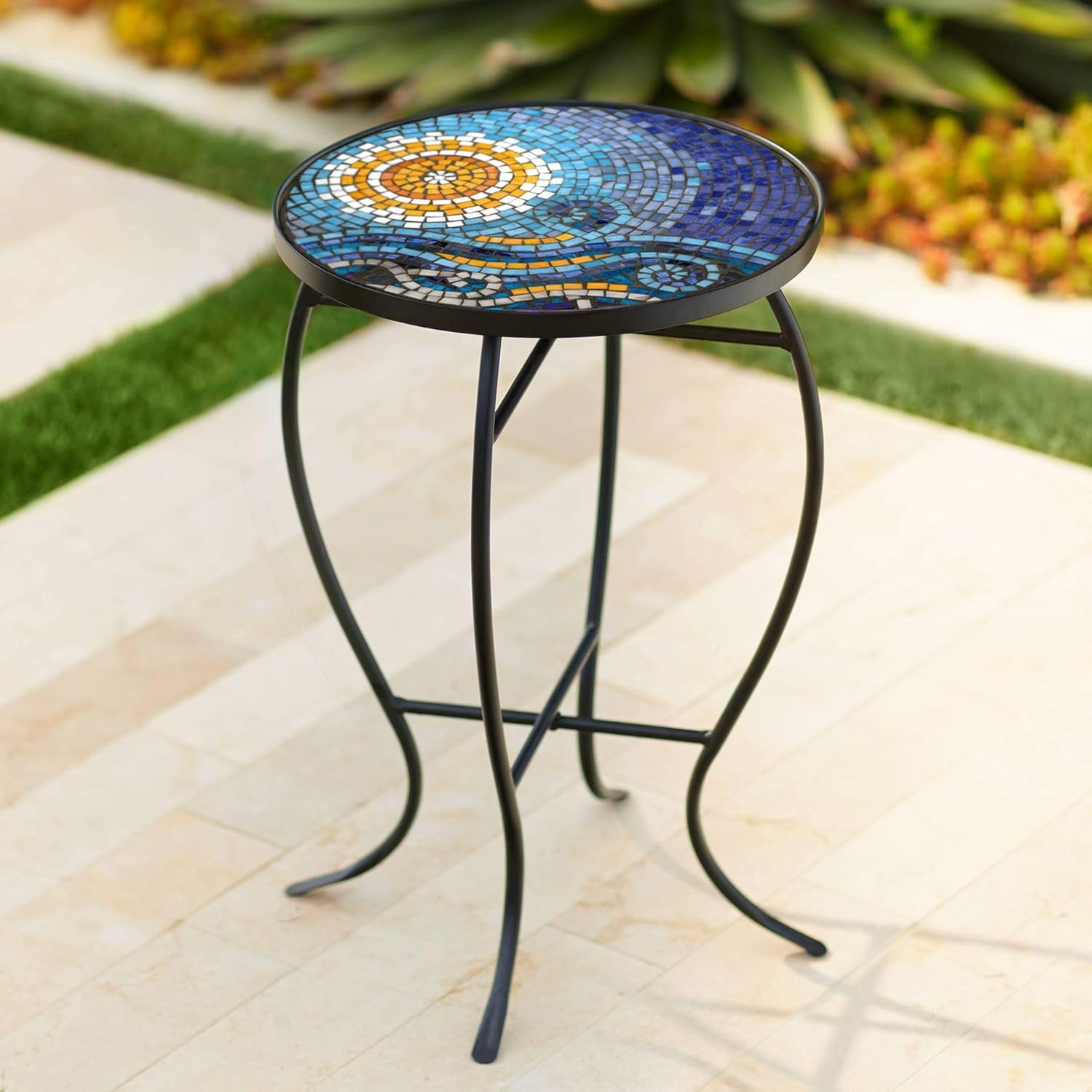 Teal Island Designs Ocean Mosaic Black Iron Outdoor Accent Table: Home Improvement