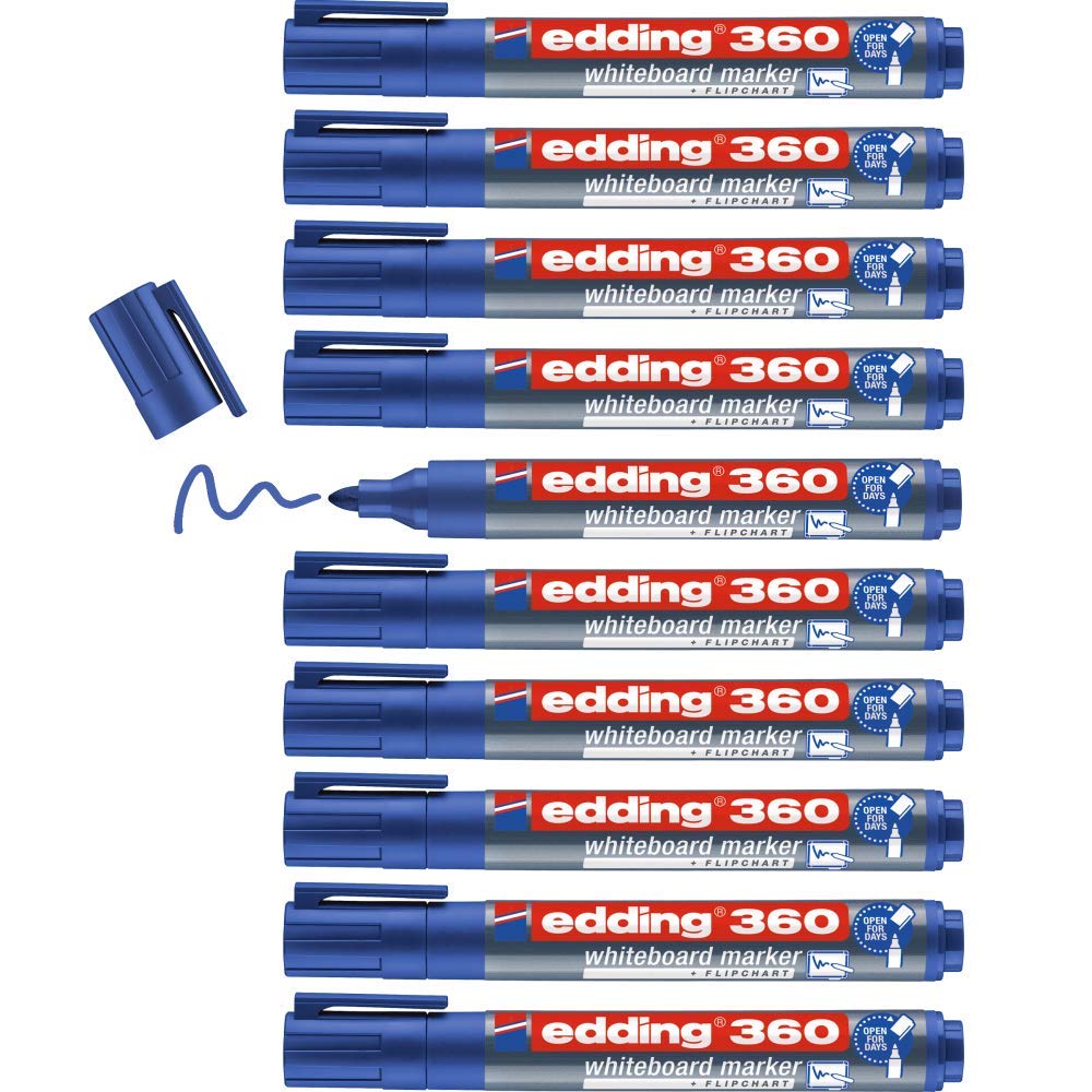 edding 360 whiteboard marker - blue - 10 whiteboard pens - round tip 1.5-3 mm - whiteboard pen dry wipe - for whiteboards, flipcharts, pinboards, magnetic and memo boards - sketchnotes - refillable