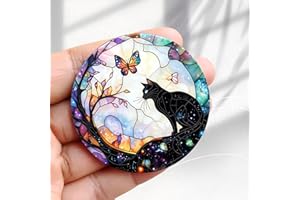 Vintage Fridge Magnet Cat Watching Butterfly Stained Glass Design -2.3inch Acrylic Round Refrigerator Sticker Retro Decor Gif