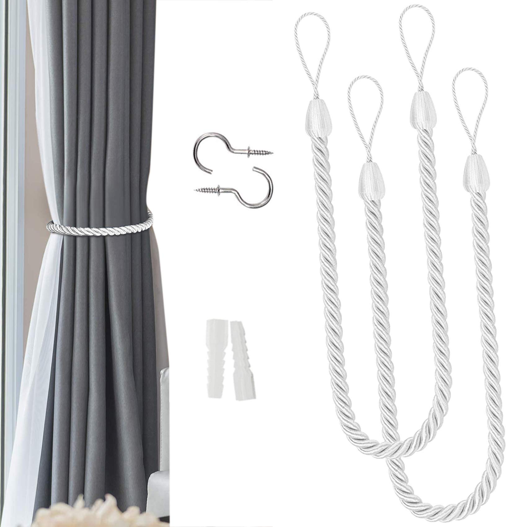 Curtain Ties backs, 1 Pair Curtain Tiebacks Ropes, Drapery Holdbacks Artistic Room Décor Handmade Natural Knitting Cotton Rope Drape Tie Backs for Sheer and Blackout Curtain Cotton Rope (White)