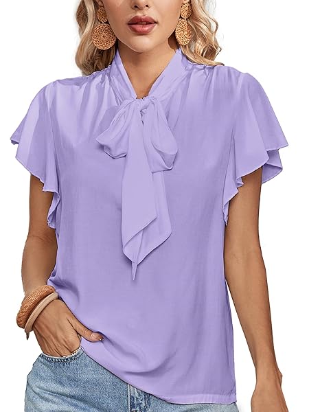 ROOSCIER WOMEN’S BOW TIE NECK RUFFLE SHORT SLEEVE VINTAGE RETRO WORK BLOUSE TOP LIGHT PURPLE LARGE