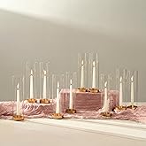 NUPTIO Hurricane Glass Candlestick Holders: 10 Set Bulk Gold Taper Candle Holder Metal Candle Stick Stand with 11.81 inch Tall Windproof Clear Seelves for Outdoor & Indoor Wedding Party Holiday Decor