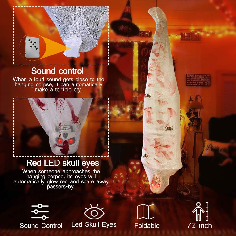 Extenuating Threads Cocoon Corpse Halloween Outdoor Decorations, Scary Hanging Decor, Hallomas Mummy Props with LED Skull Eyes Spooky Sound, Creepy Haunted House Tree Indoor Décor 72 inches : Garden & Outdoor