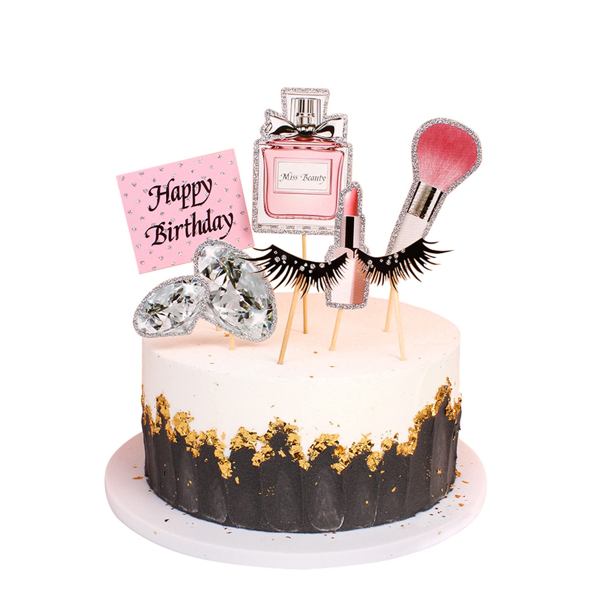 Blumomon 28Pcs Glitter Makeup Cupcake Toppers Happy Birthday Glitter Cosmetics Theme Bridal Cake Toppers Party Cake Decoration Supplies