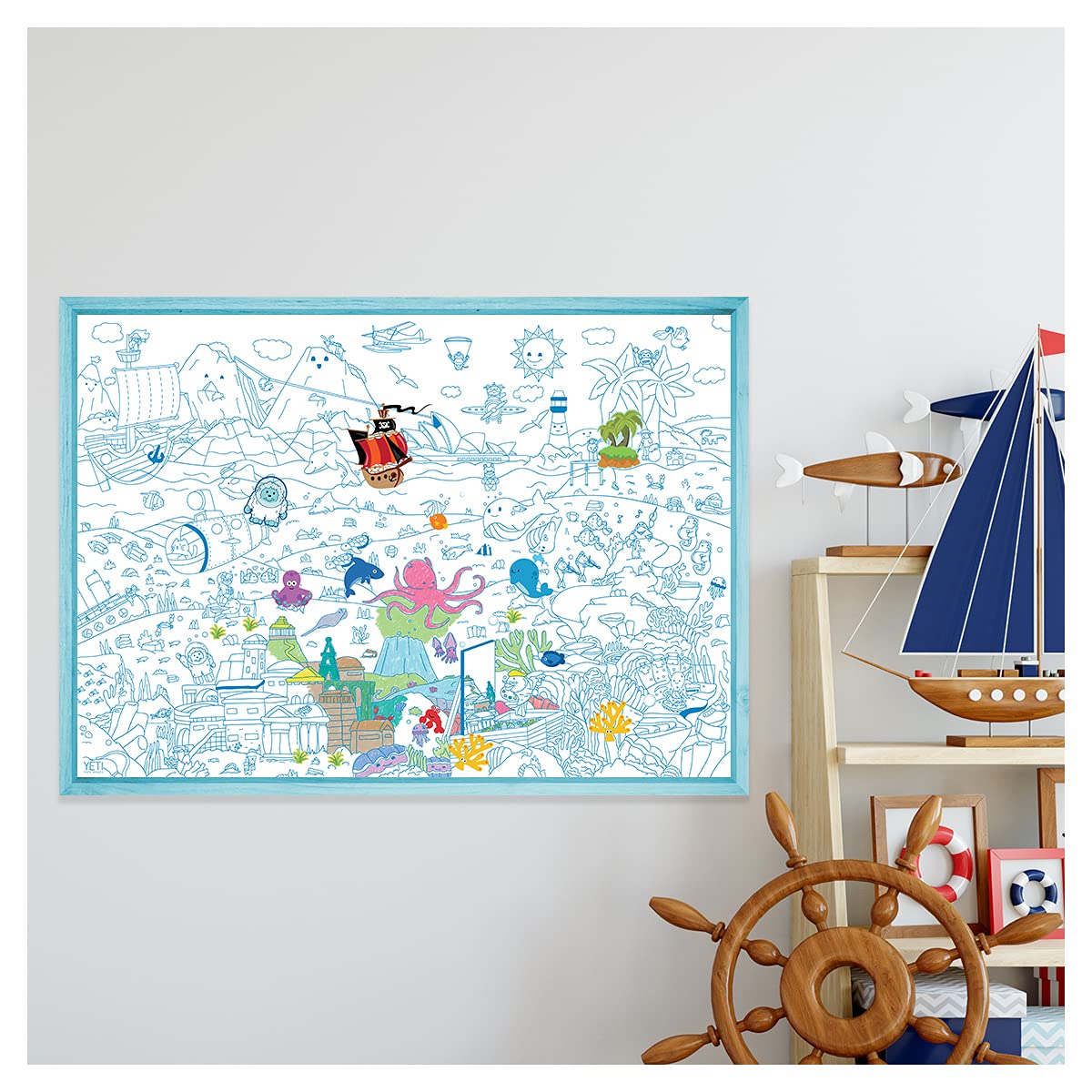 Ambiance Sticker YETI BLANK DESIGNS - Giant XL Coloring Poster with 150+ stickers - Atlantis and life underwater sea - 100x70cm - gift idea poster with stickers - easy to frame - kids coloring