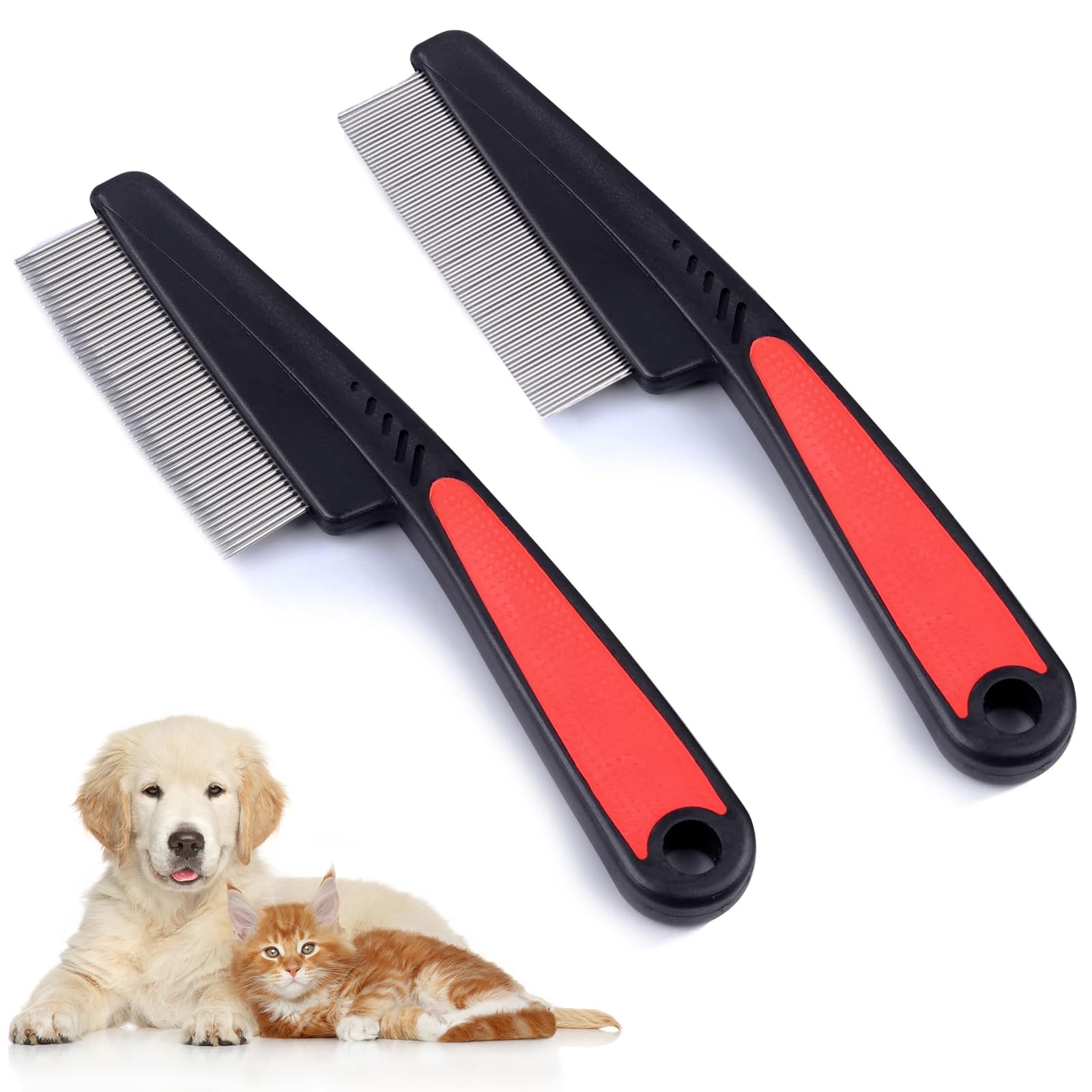 Monsully 2 Pcs Flea Comb for Dogs Cats Pet, Professional Lice Dust Flea Coarse & Fine Teeth, Nit Comb Stainless Steel Lice