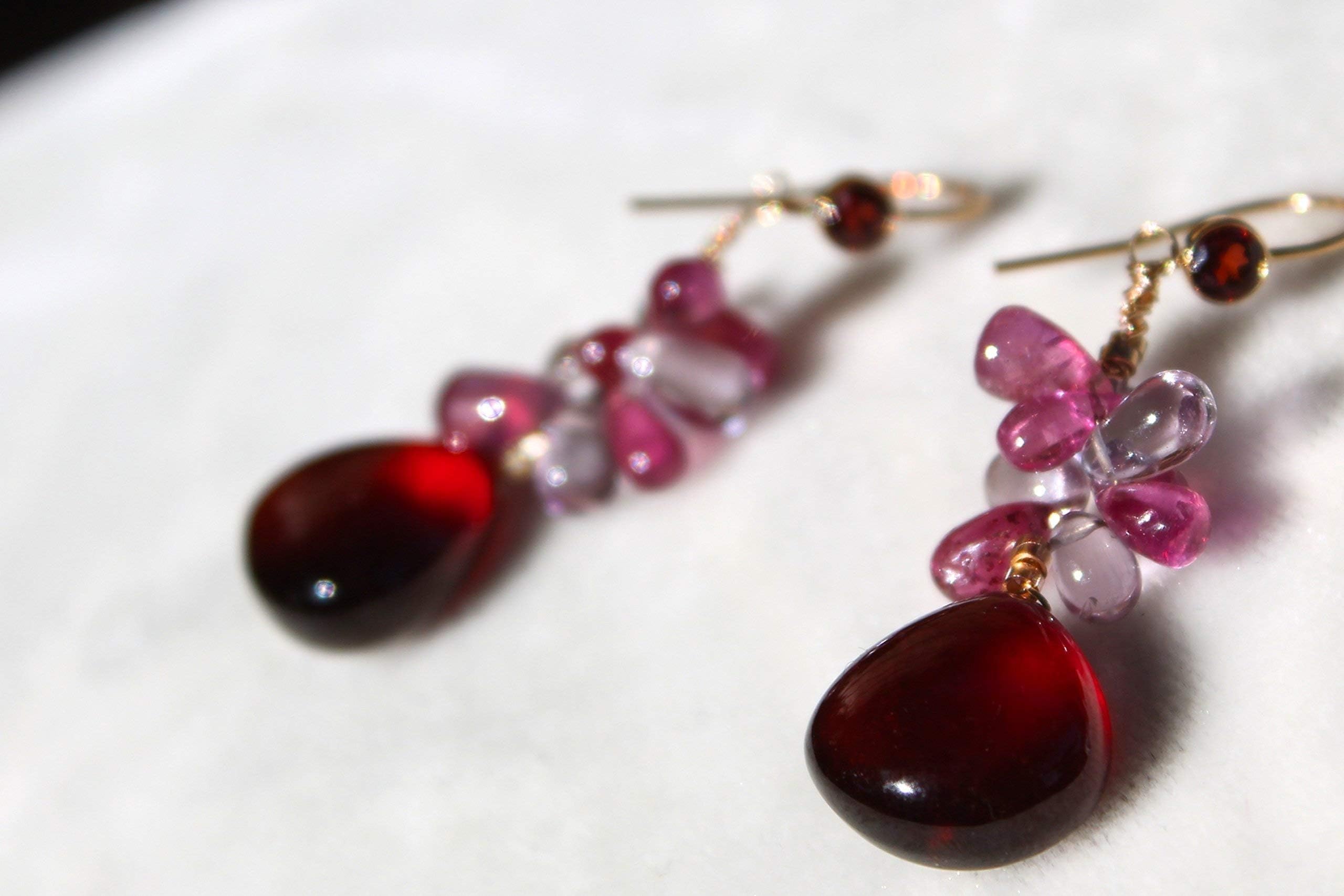 Gold, ruby and garnet earrings with tiny rubies, amethysts, and large garnet hearts