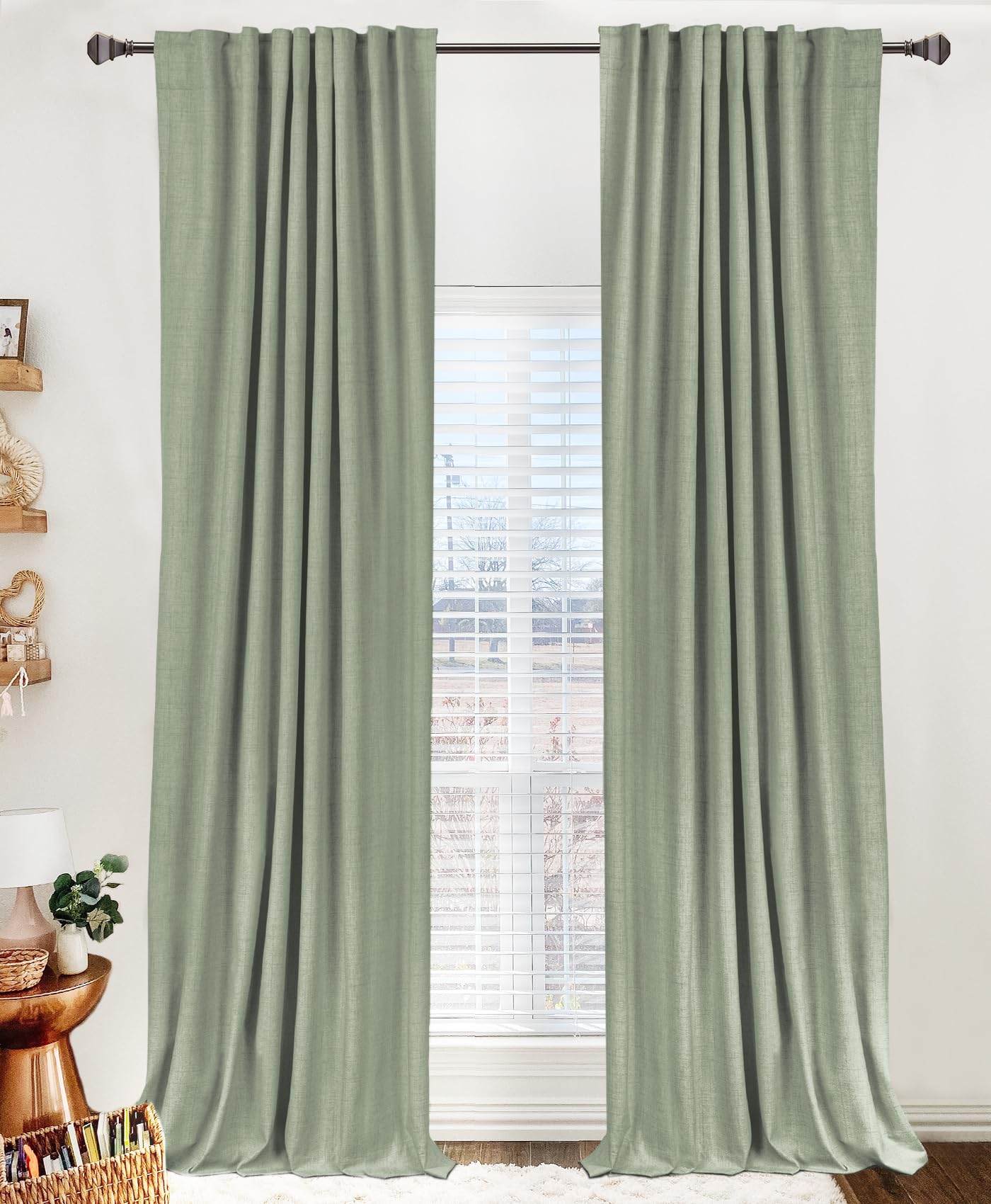 Photo 1 of 100% Blackout Shield Linen Blackout Curtains for Bedroom 96 Inches Long, Back Tab/Rod Pocket Living Room Drapes, Thermal Insulated Blackout Curtains 2 Panels Set, 50" W x 96" L, Sage