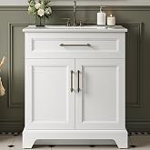 LIKIMIO 30" Bathroom Vanity with Sink, 1 U-Shaped Drawer &amp; 2 Doors, White | Freestanding Bathroom Vanity, Integrated Ceramic Sink, Soft-Close Doors &amp; Drawer, Transitional Bathroom Storage Cabinet