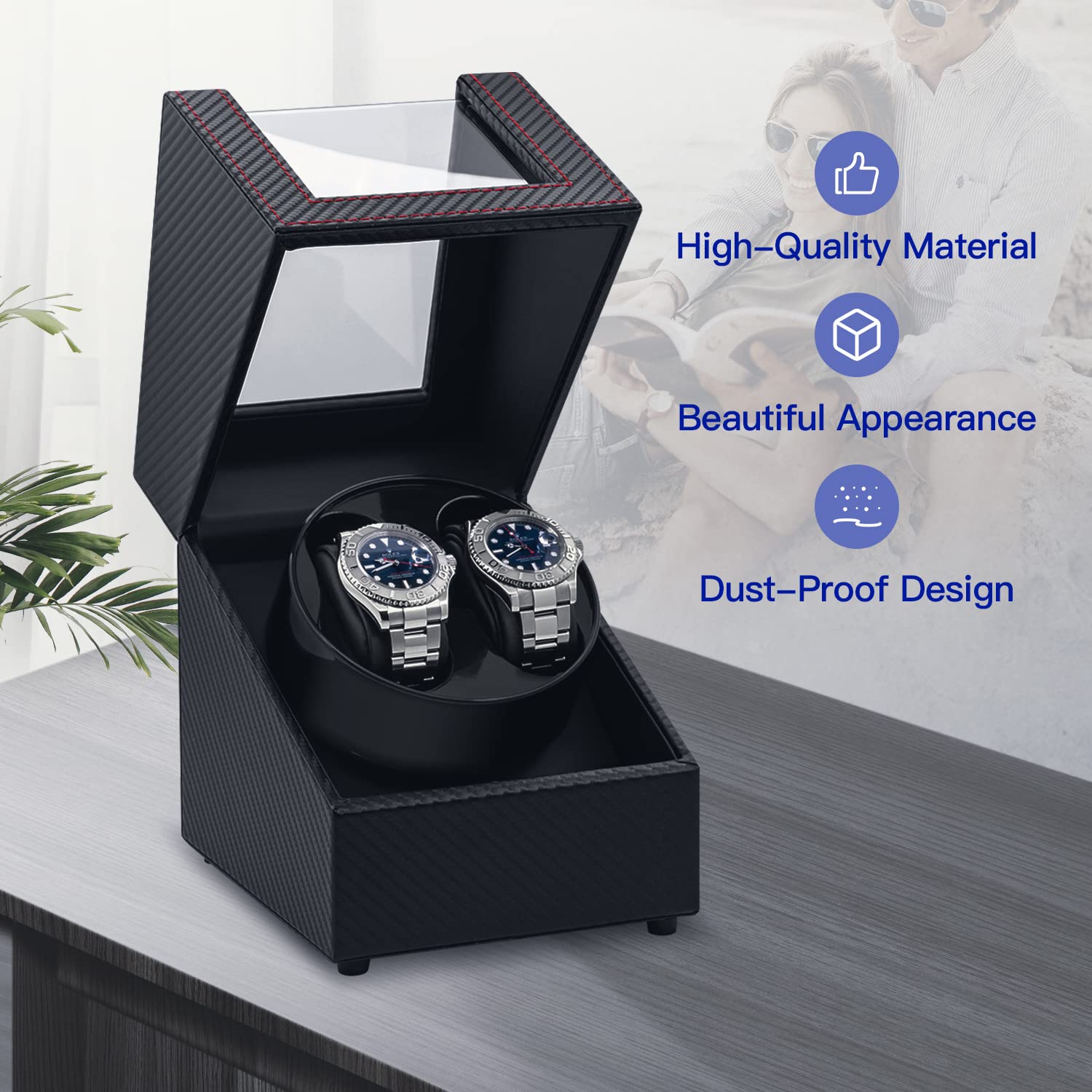 Mcbazel Watch Winder for Automatic Watches, Double Automatic Watch Winder Box with Quiet Japan-made Motor, 2 Slots Watch Display Storage Rotation Wrist watch Box (Black Carbon Fiber Leather)