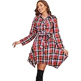 FANCYINN Women Long Sleeve Plaid Pattern Tunic Tops Shirt Casual Dress