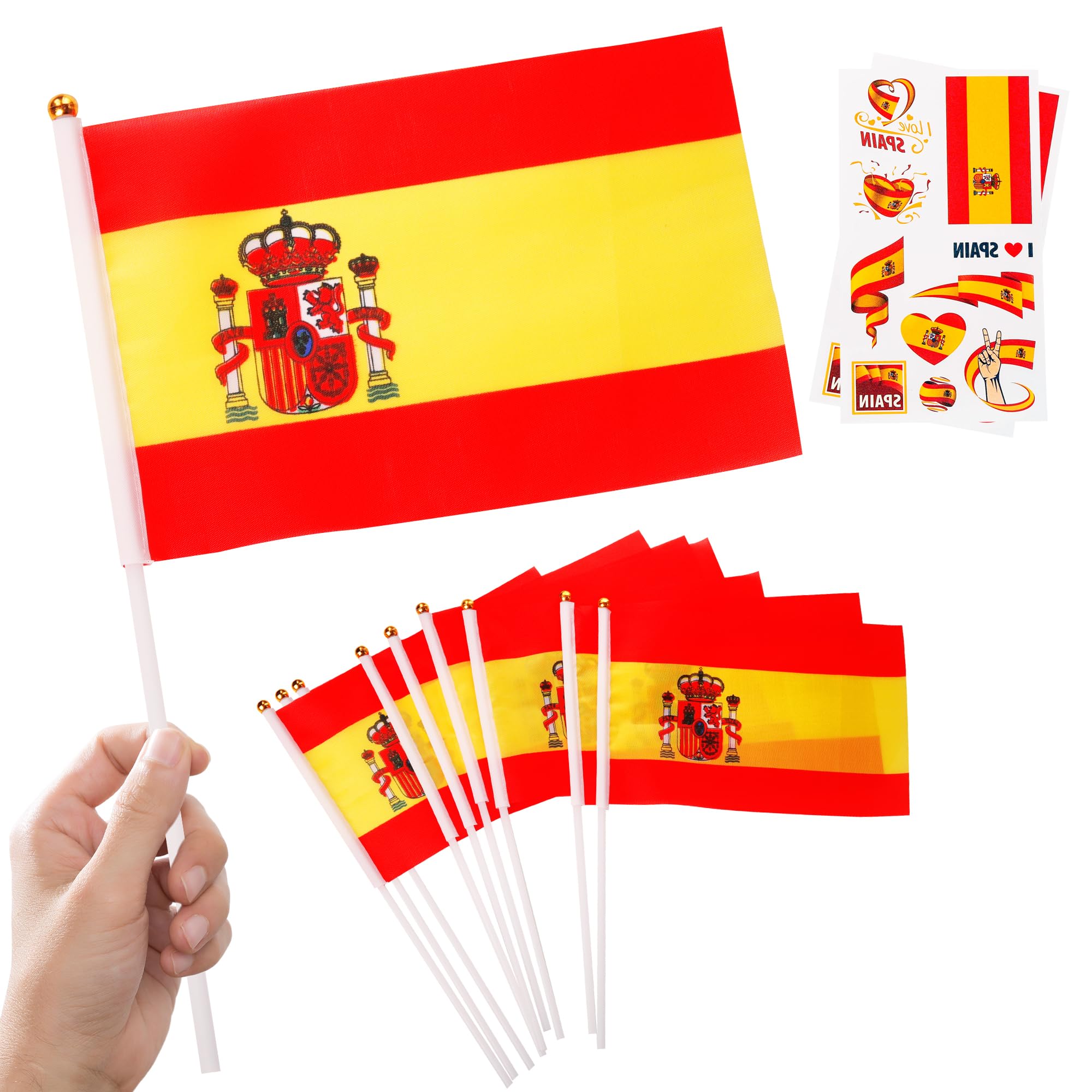 10pcs Small Spain Flags on Sticks & 2pcs Tattoos, Spanish Oly 2024 Decorations, Mini Spanish Flags for Oly Games 2024, Sports Events, National Day Party Decorations