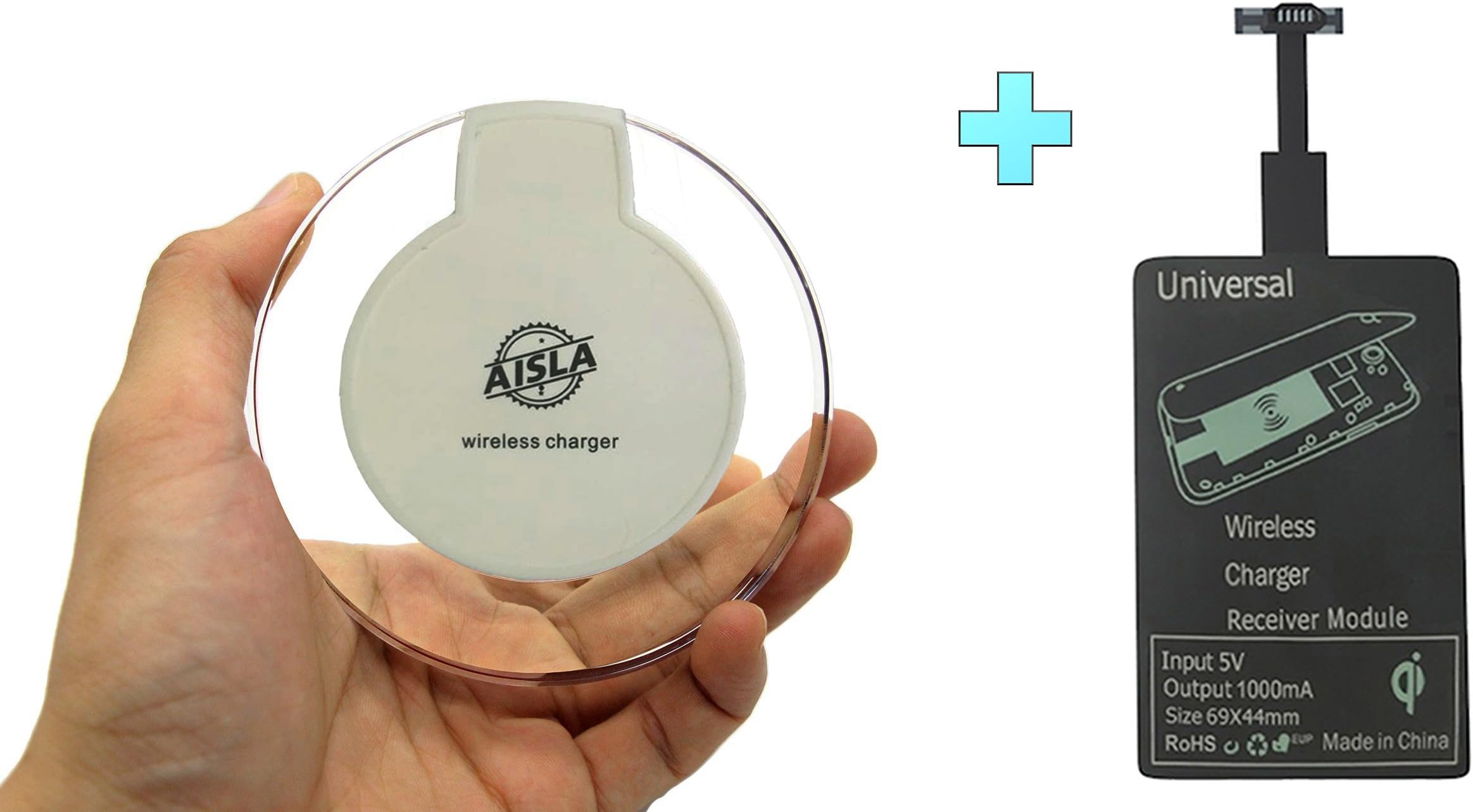 AISLA FAST WIRELESS CHARGER + RECEIVER + FREE USB LED light. Portable Ultra-slim, Slip-proof with Blue LED light. Compatible for all Qi-Enabled Devices.