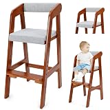 Wooden High Chair for Toddlers, Adjustable Dining Feeding Chair with Removable Cushion for Child, High Chair Grows with Your Kid with Steps for Kids Dining, Studying, Step Tool(Nut-Brown)