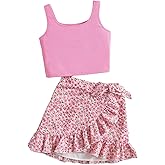 Floerns Girl's 2 Piece Outfits Sleeveless Crop Tank Top and Bow Front Floral Ruffle Layered Skirt Set