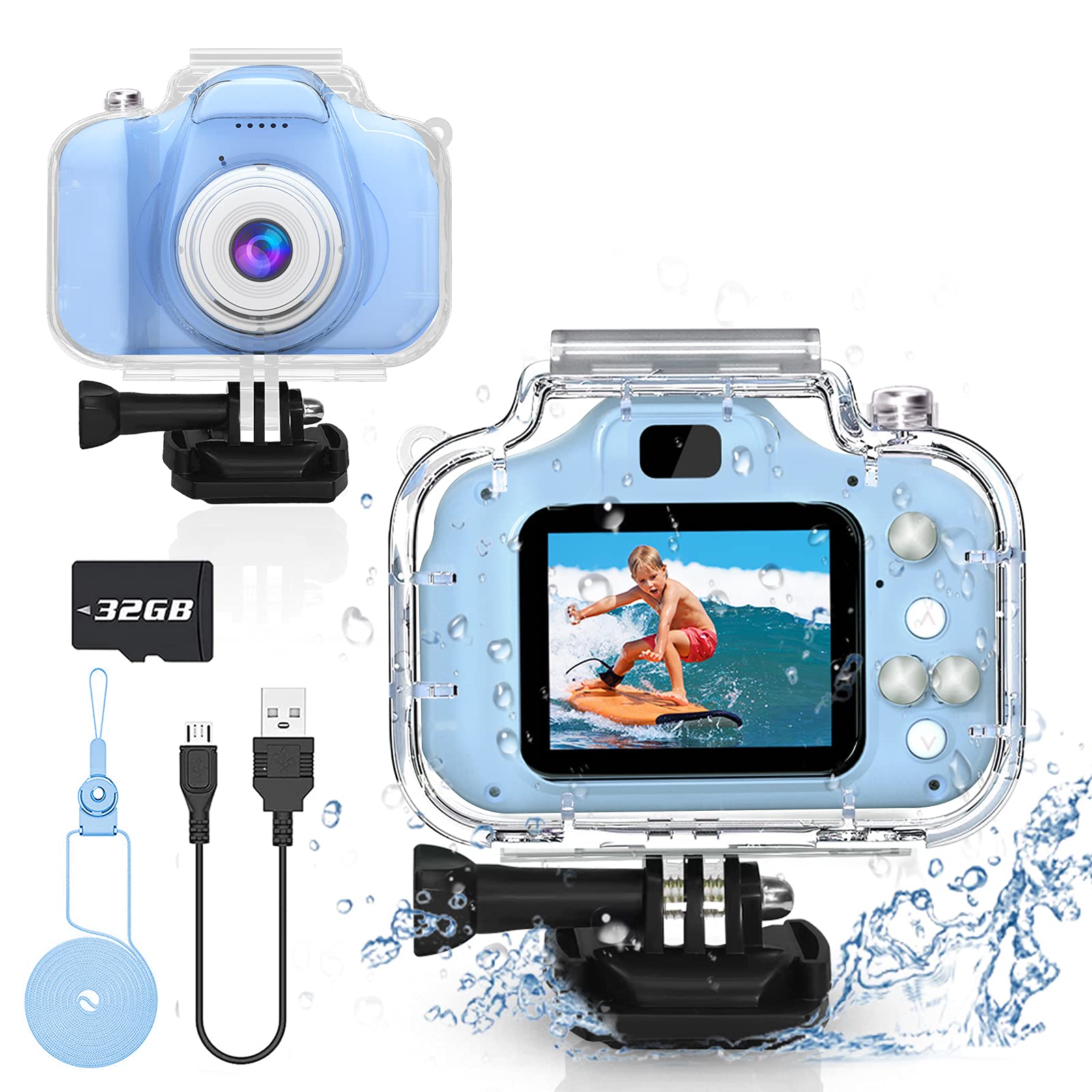 Yoophane Kids Waterproof Camera Gifts for 6 7 8 9 10 Year Old Action Kids Camera for Age 3-12 Christmas Birthday Gifts Underwater Video Recorder with 32GB SD Card (Blue)